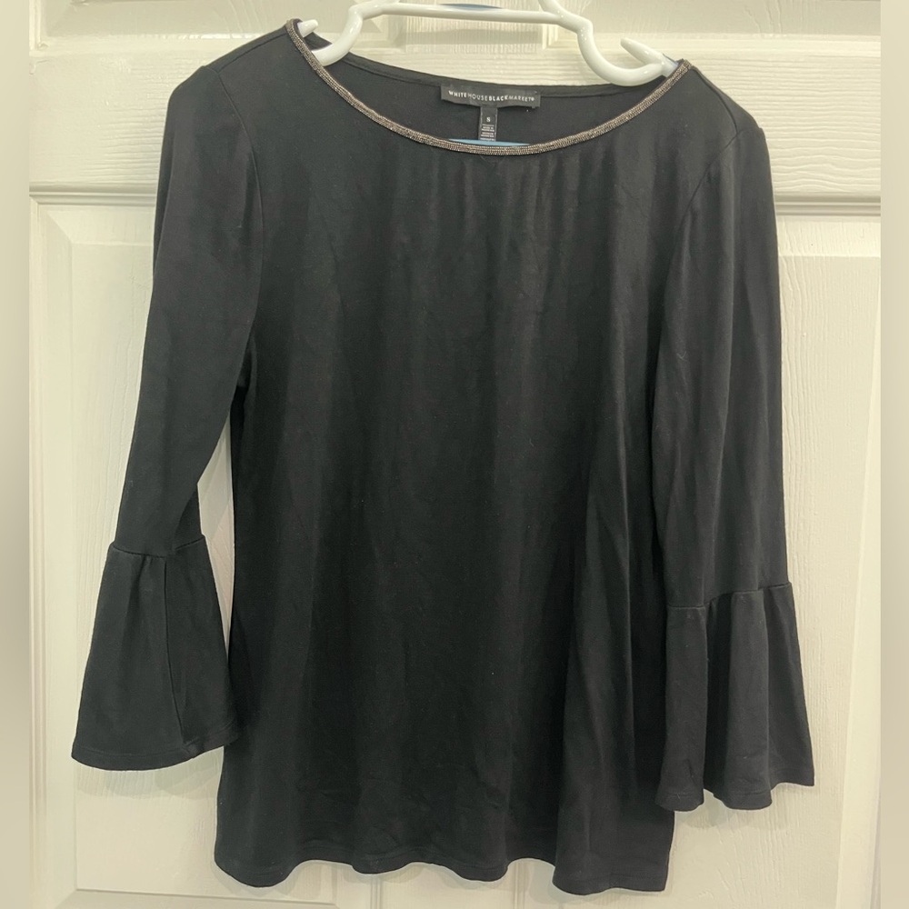 White House Black Market WHBM Black Bell Sleeve Beaded Women’s Blouse Shirt Top